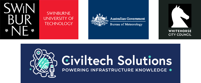 Logos for Swinburne University, AGBoM, Whitehorse City Council, and Civiltech Solutions